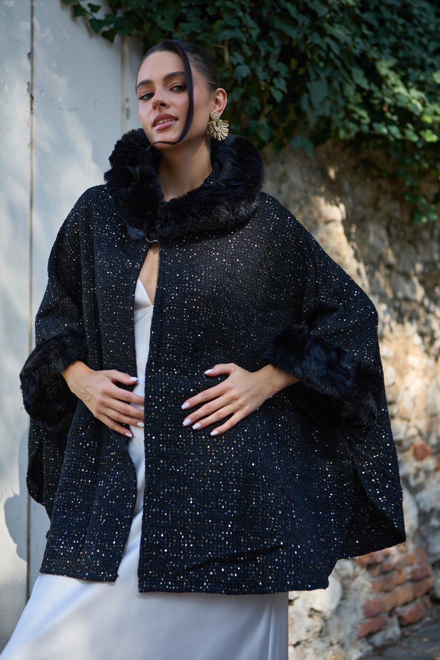 Sequin Faux Fur Hooded Kimono | SAACHI