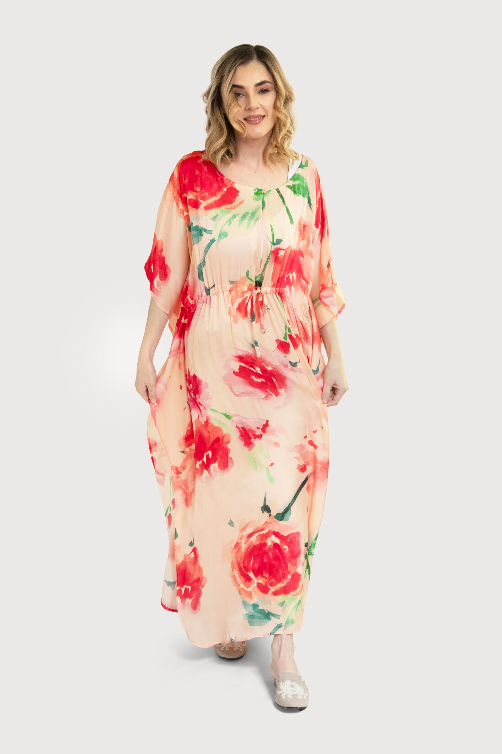 Women Sage Green & Pink Floral Printed Kaftan With Tie-Ups