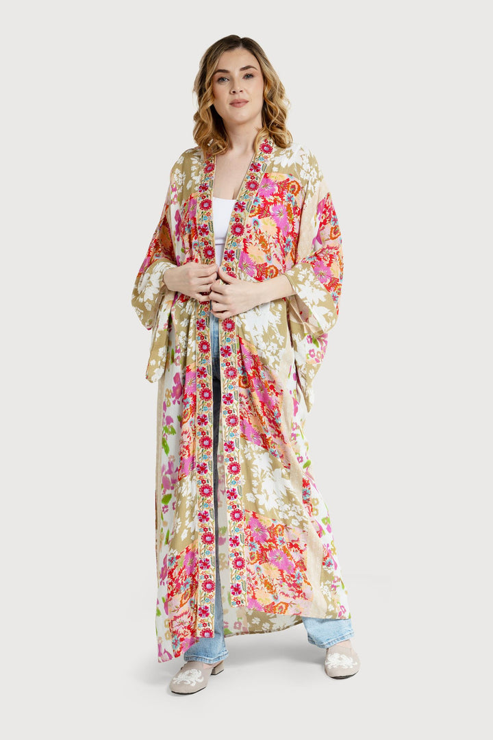 Lace Embroidered Floral Kimono Pink Multi