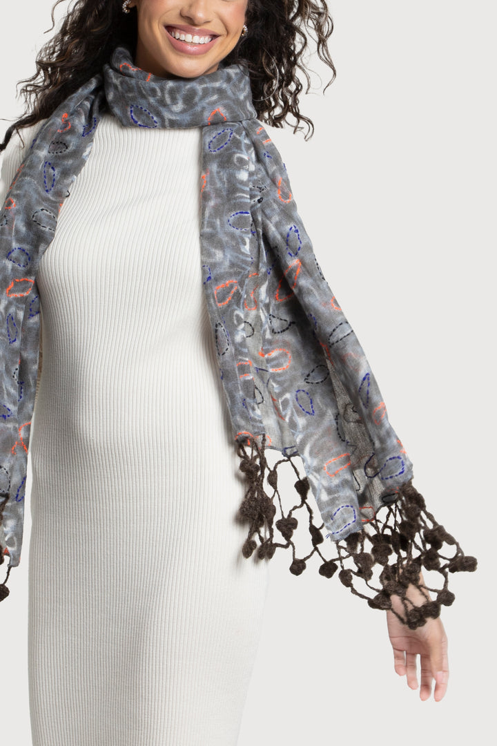 Mixed Print Knitted Fringe Scarf Dark Gray