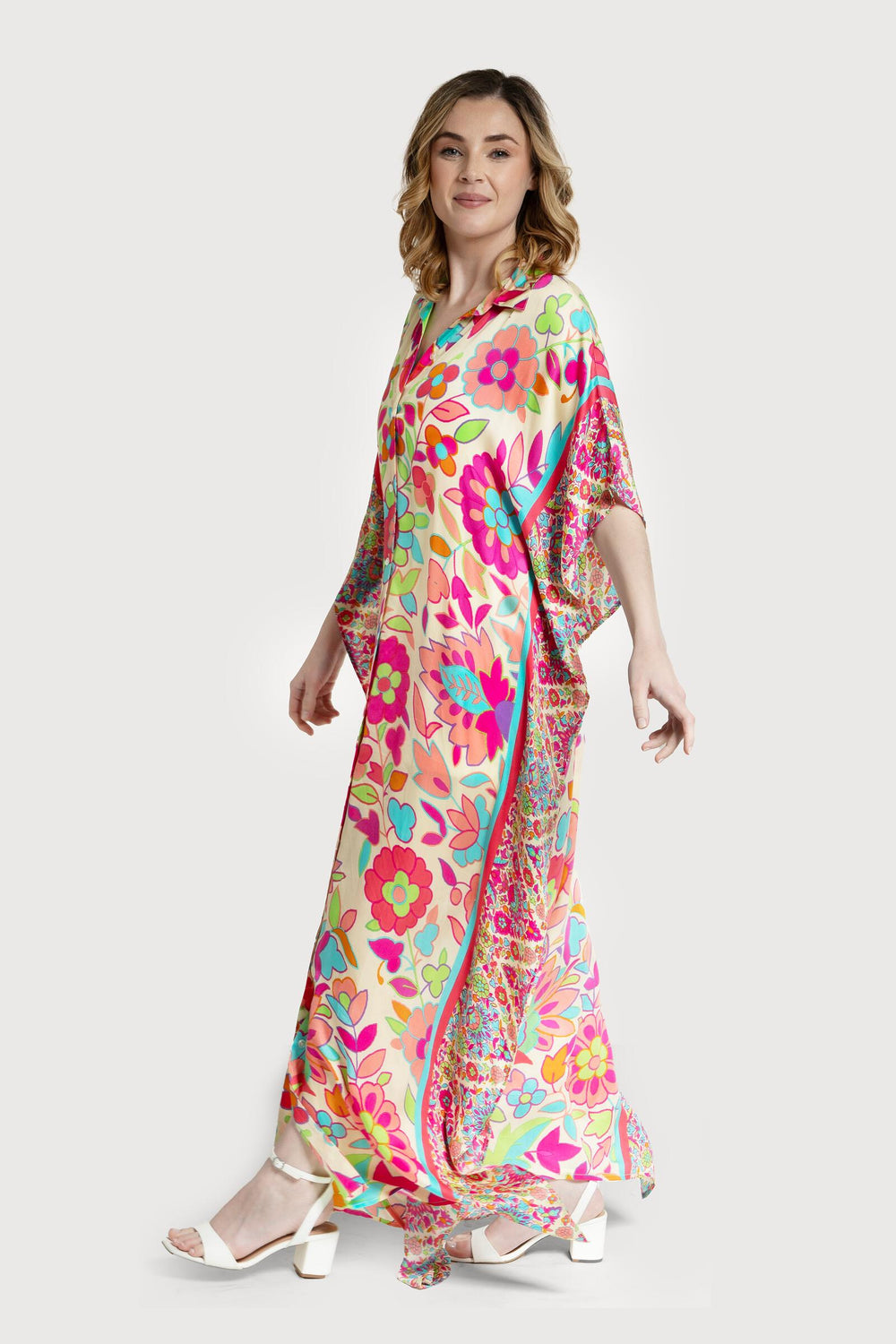 Multicolored Floral Collared Kaftan Multi