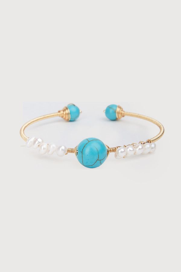 Turquoise Freshwater Pearl Cuff Bracelet Gold