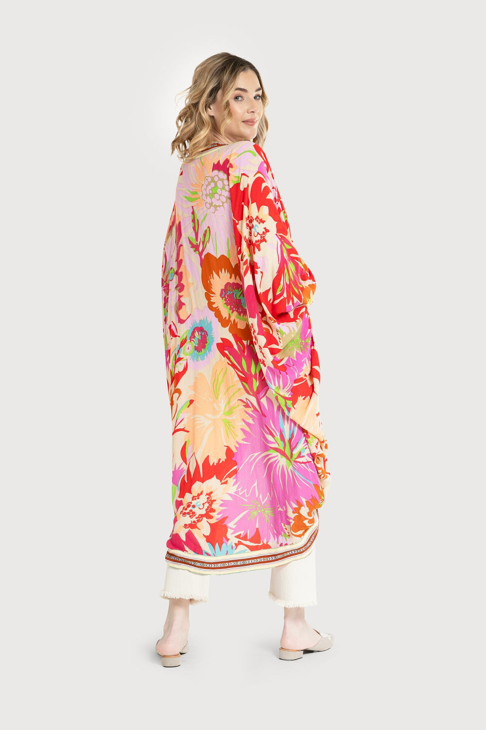 Wing Sleeve Floral Cocoon Kimono Pink Multi