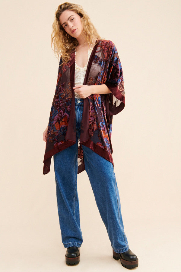 Floral Kimono Burgundy Velvet