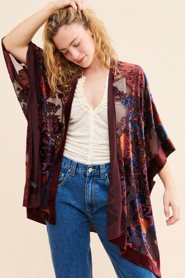 Floral Kimono Burgundy Velvet