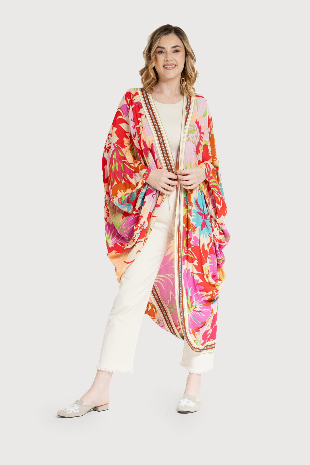 Wing Sleeve Floral Cocoon Kimono Pink Multi