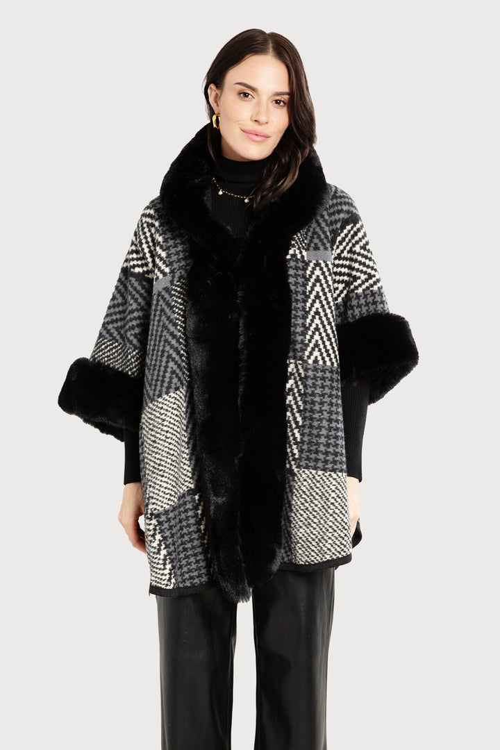 Kimono Faux Fur Geometric Pattern Black