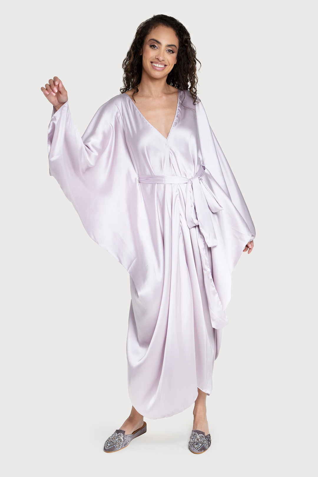 satin kaftan dress Jaki Female Navy Dress, XS, UK 6/8, USA 4/6 evening events Exquisite Lilac Satin Kaftan Dress