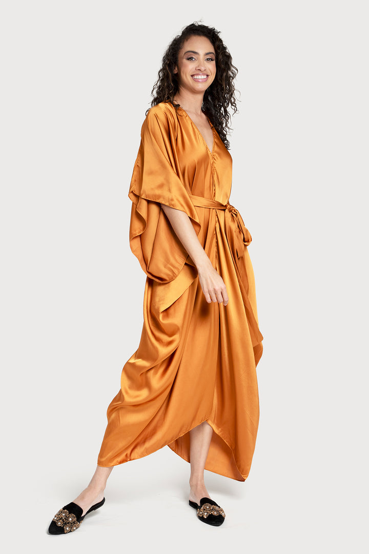 Satin Tie-Front Maxi Kaftan Sandy Brown