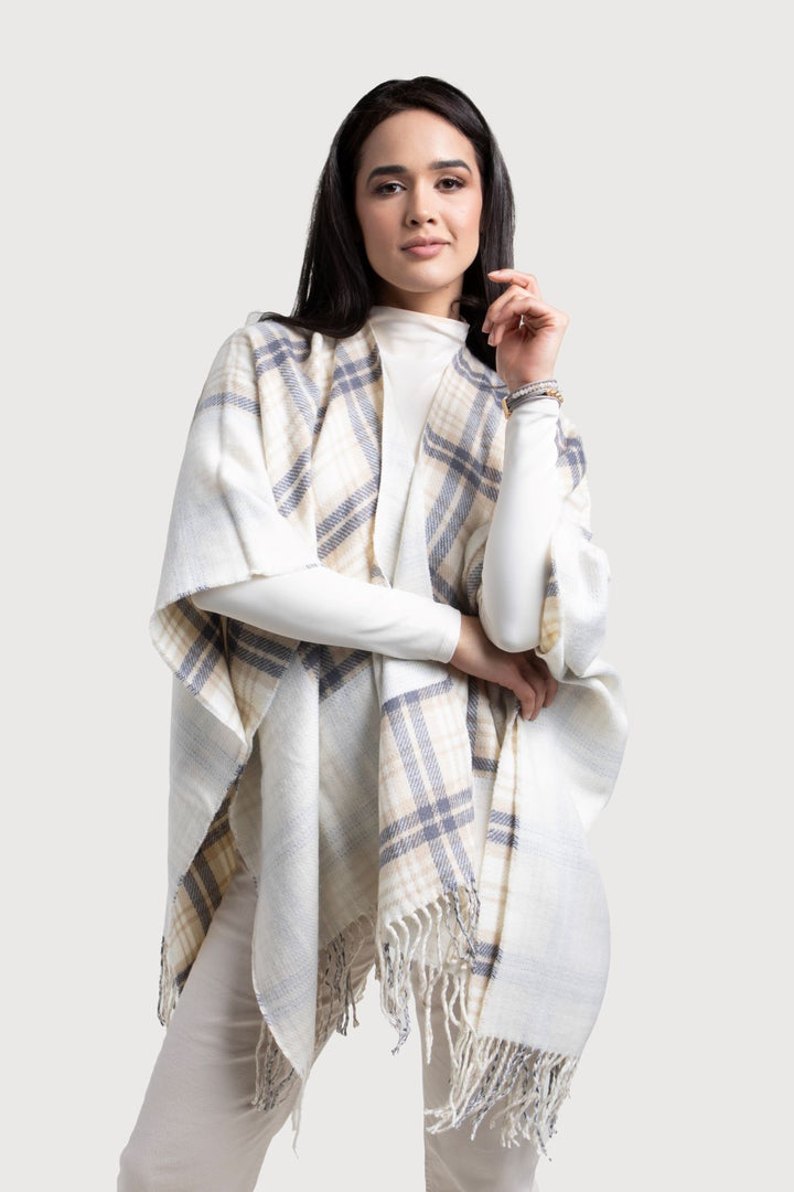 Border Plaid Ruana - SAACHI - White - Ruana