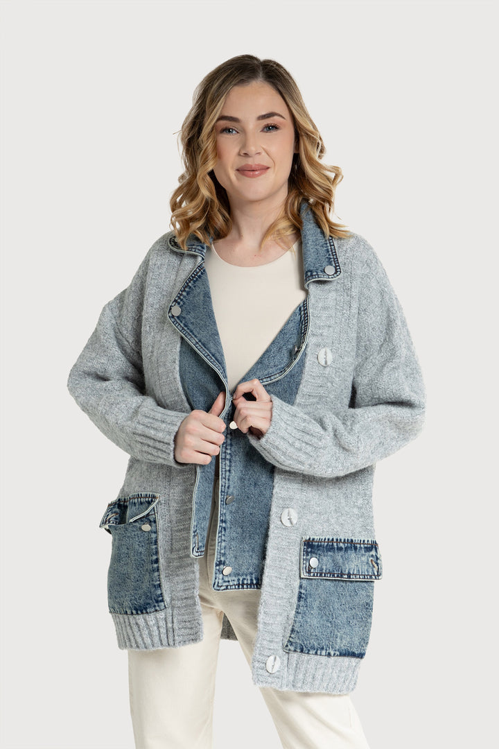 Knitted Denim Combo Cardigan Gainsboro