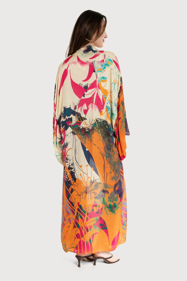 Vibrant Satin Kimono Abstract Dark Orange