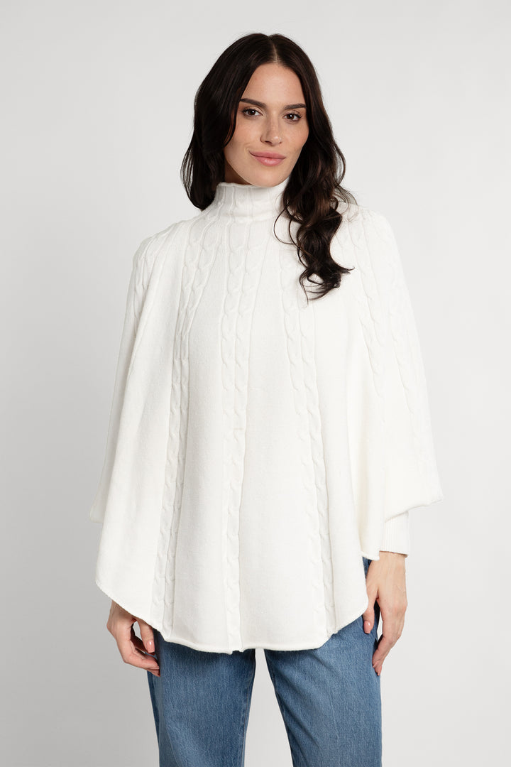 Cable Knit Turtleneck Poncho - SAACHI - White - Ponchos