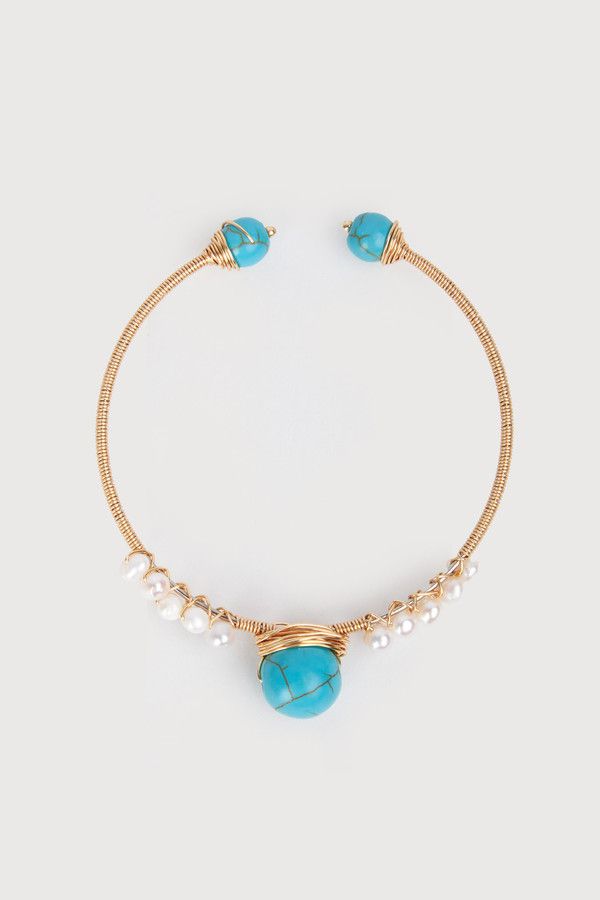 Turquoise Freshwater Pearl Cuff Bracelet Gold