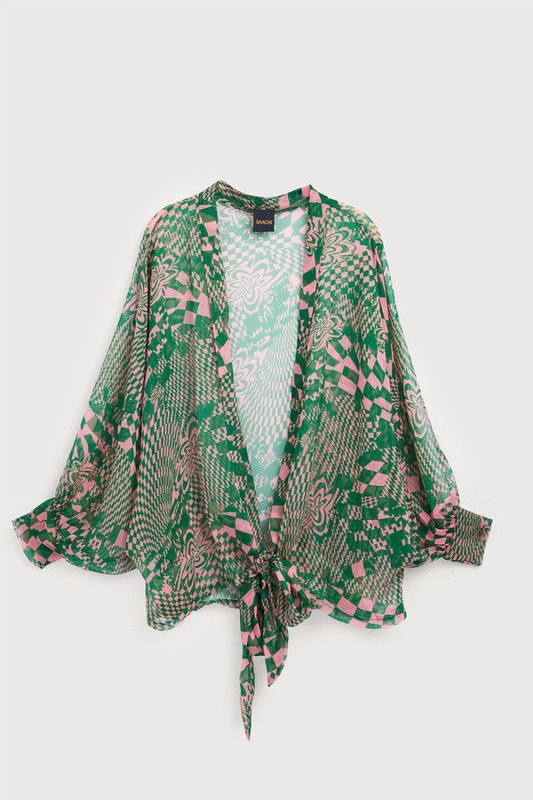 Sheer Floral Geo Tie Front Kimono Blush