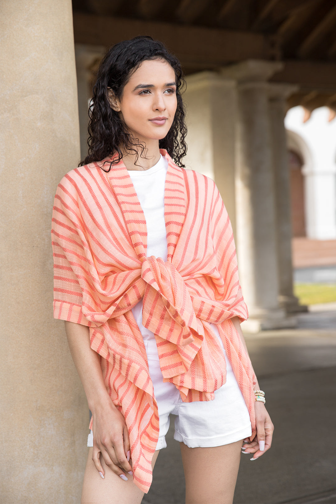 Bay Breeze Striped Kimono Coral