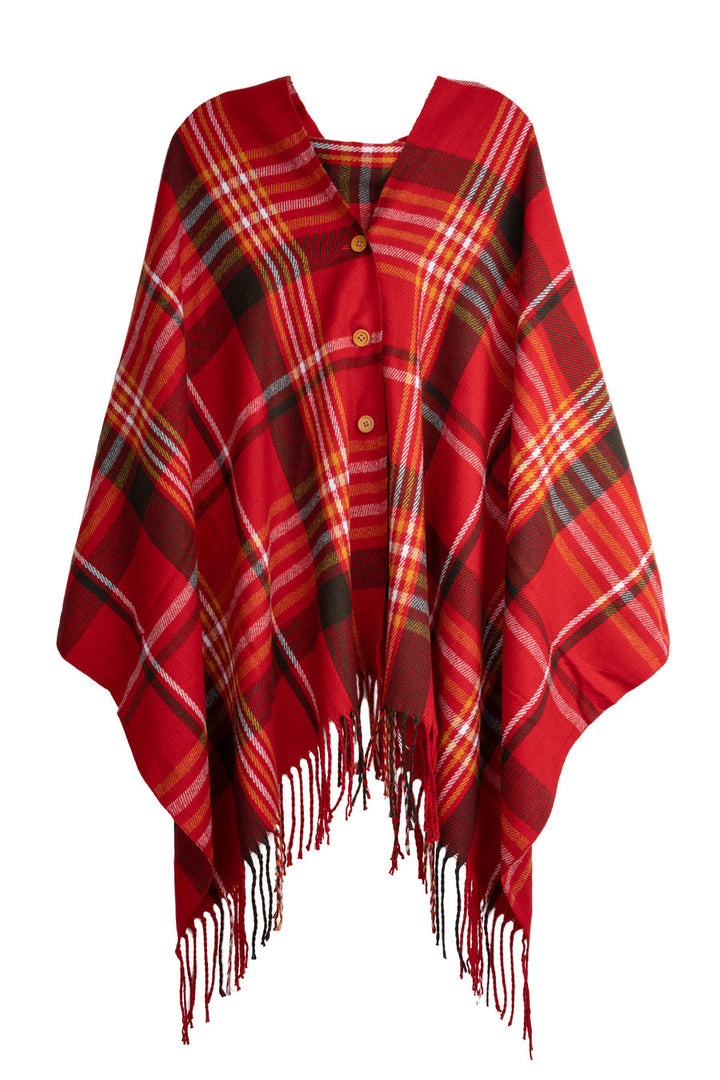 Plaid Tassel Buttoned Poncho