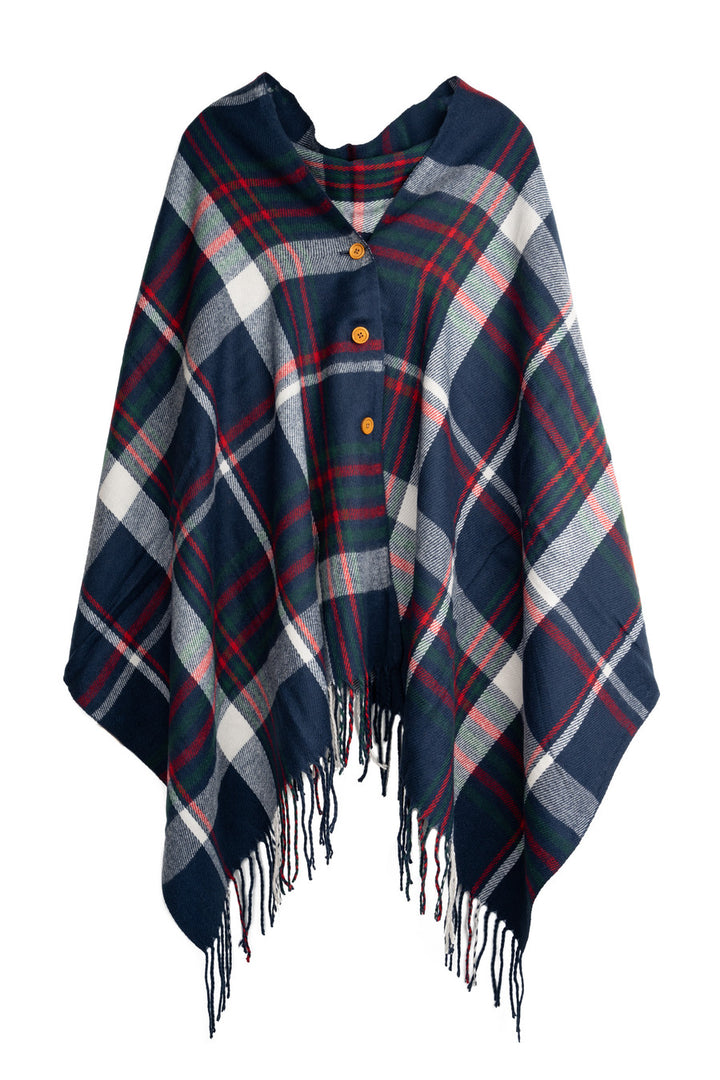 Plaid Tassel Buttoned Poncho