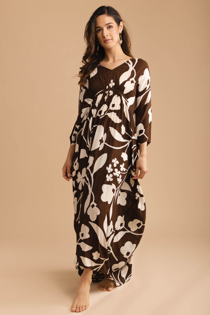 Bold Floral Kaftan Maxi Dark brown