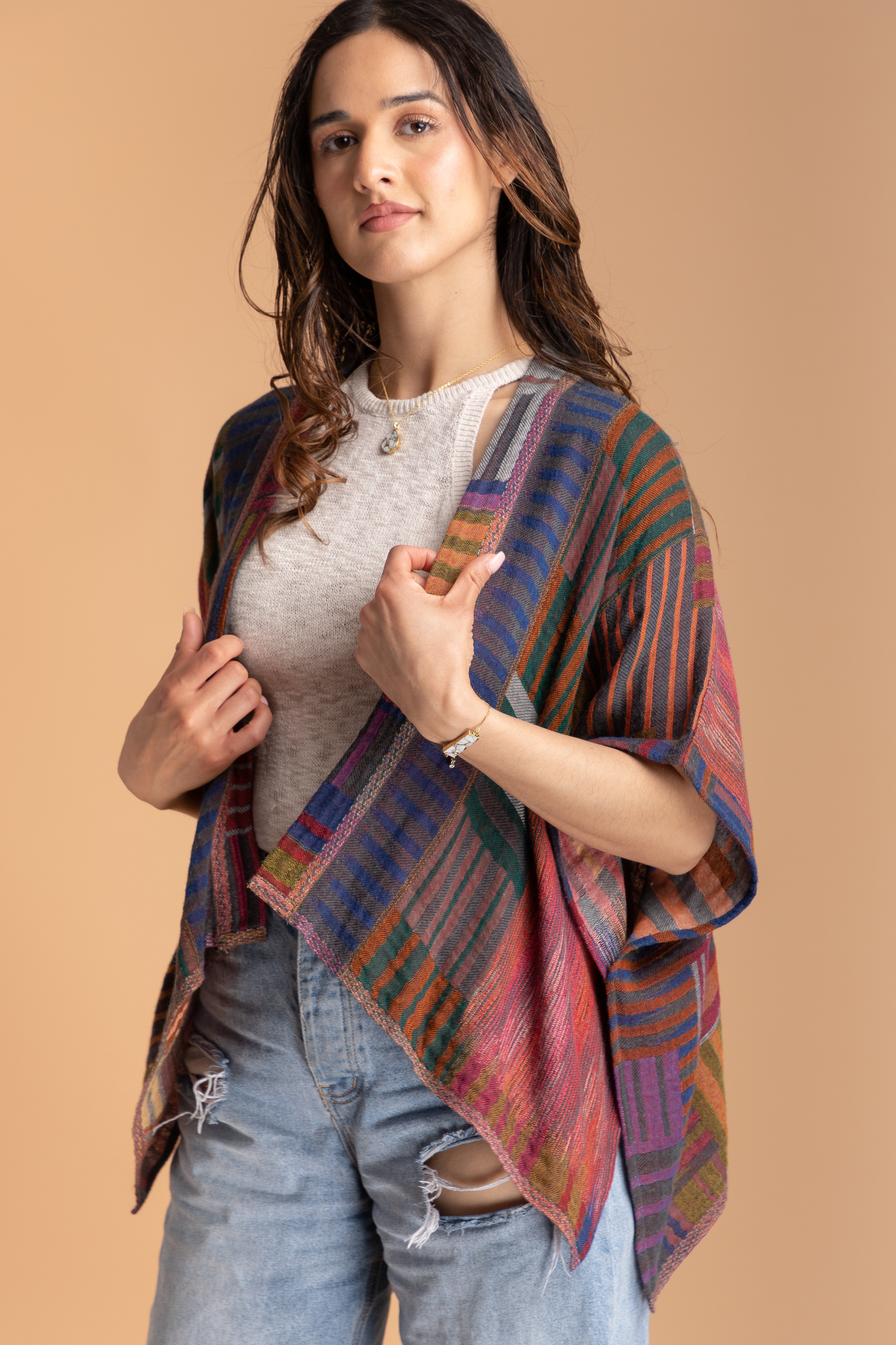 Multi Square Stripe Short Poncho | SAACHI