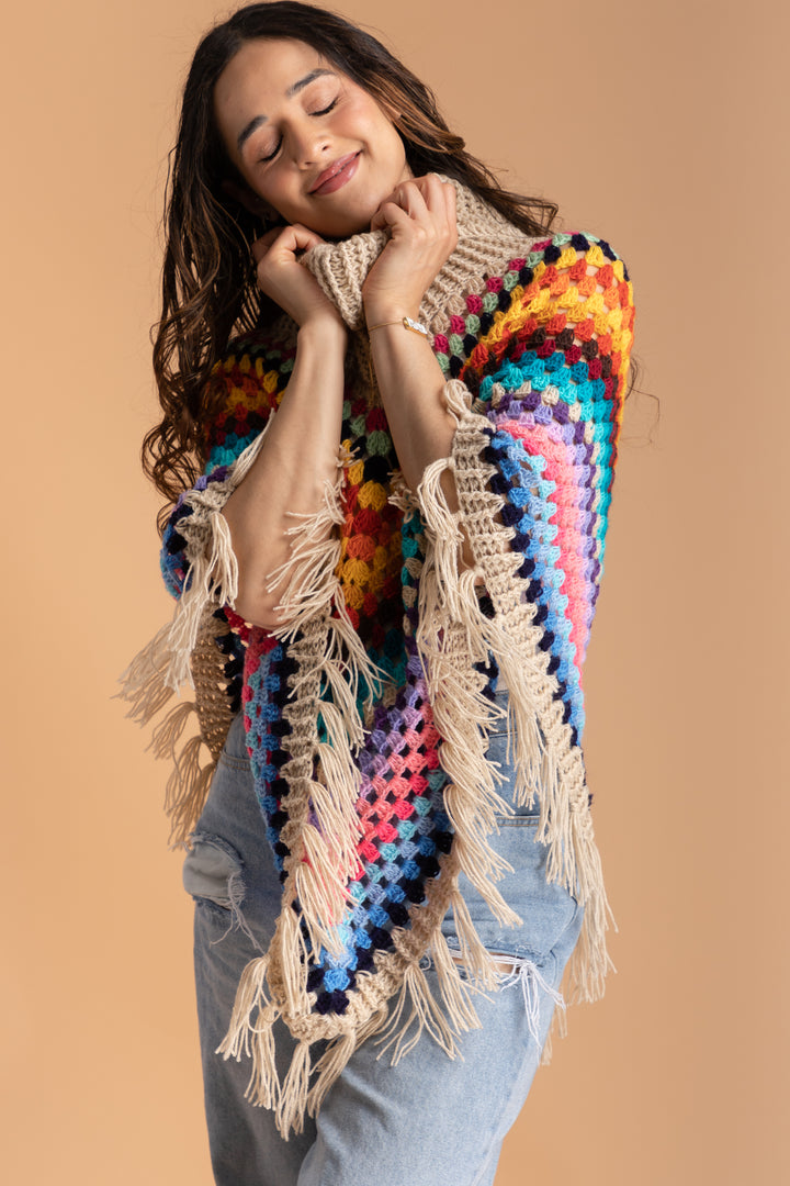 Rainbow Crochet Turtleneck Sweater Poncho