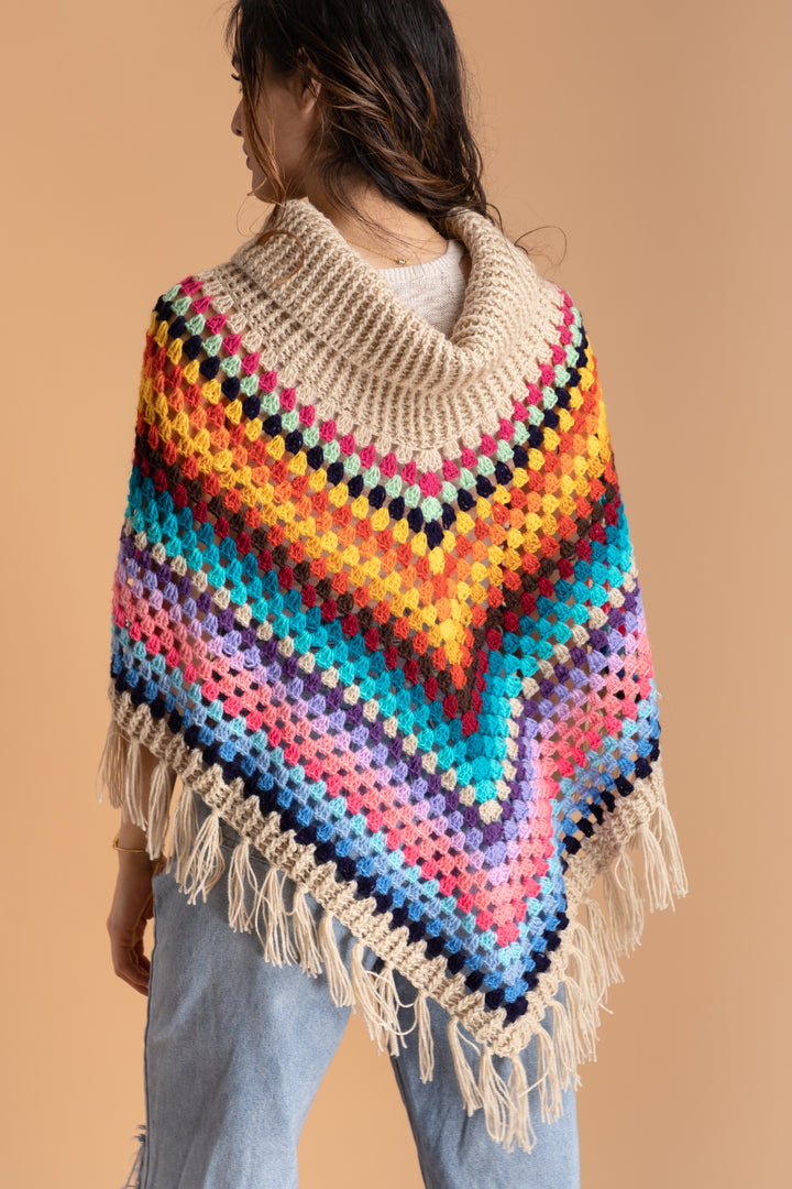 Rainbow Crochet Turtleneck Sweater Poncho