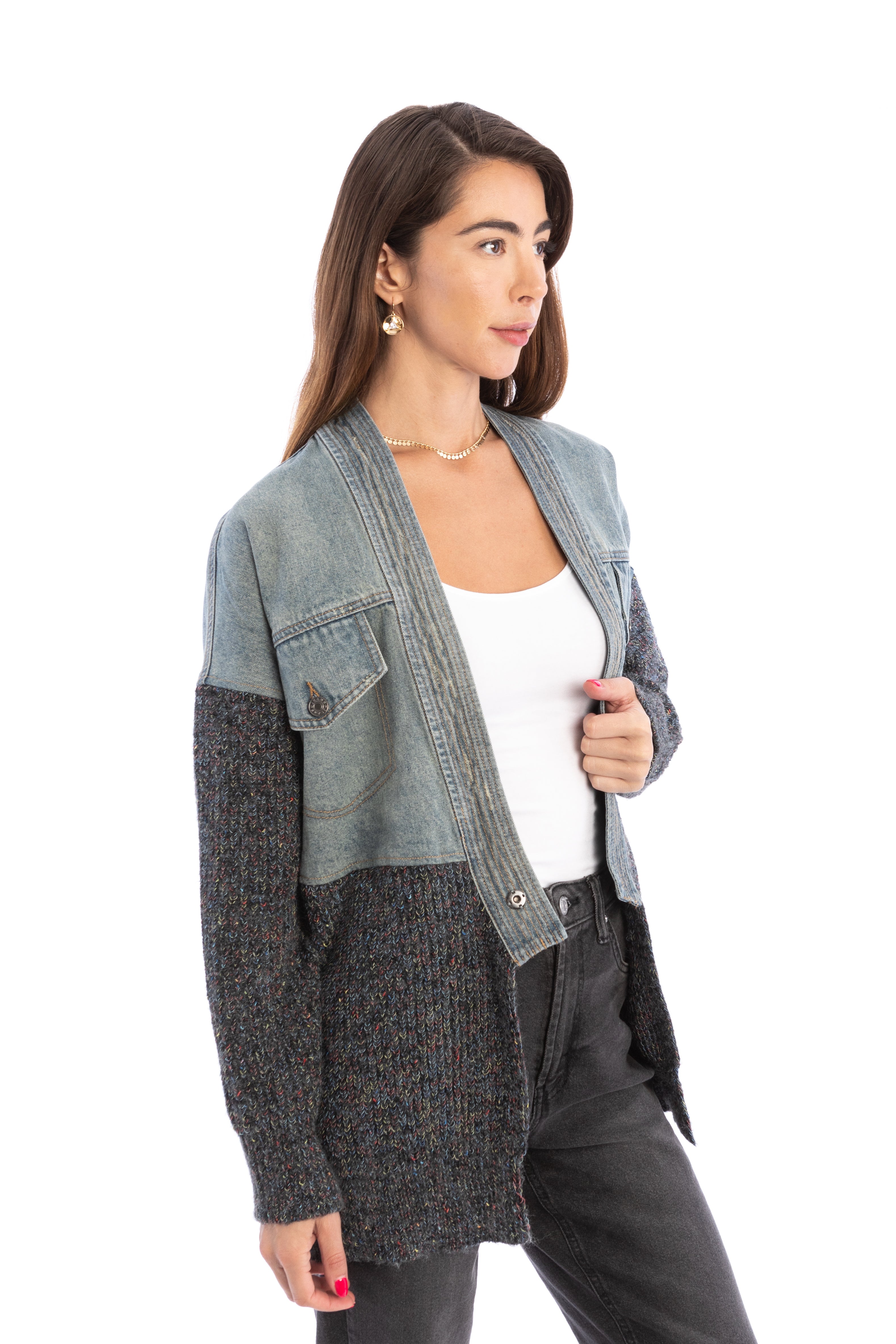 Denim & Grey Combo Sweater Jacket | SAACHI