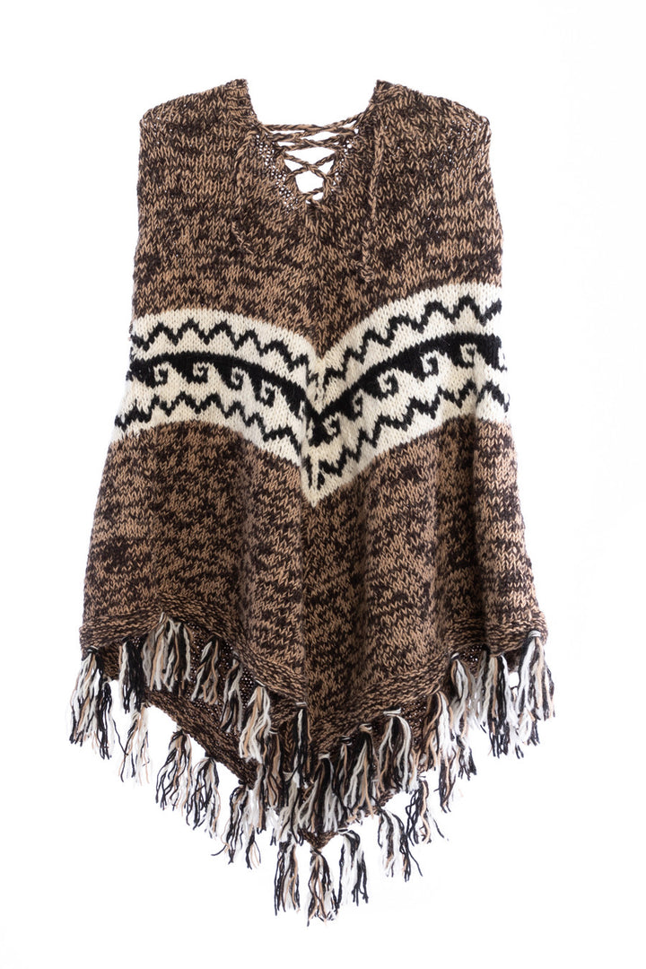 Wool Hand Knit Hooded Poncho