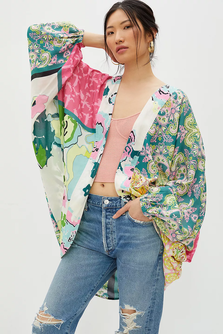 MULTICOLORED MIXED PATTERNED KIMONO