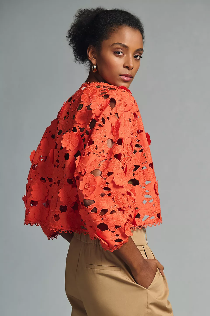 Floral Lace Cut Out Bolero Coral