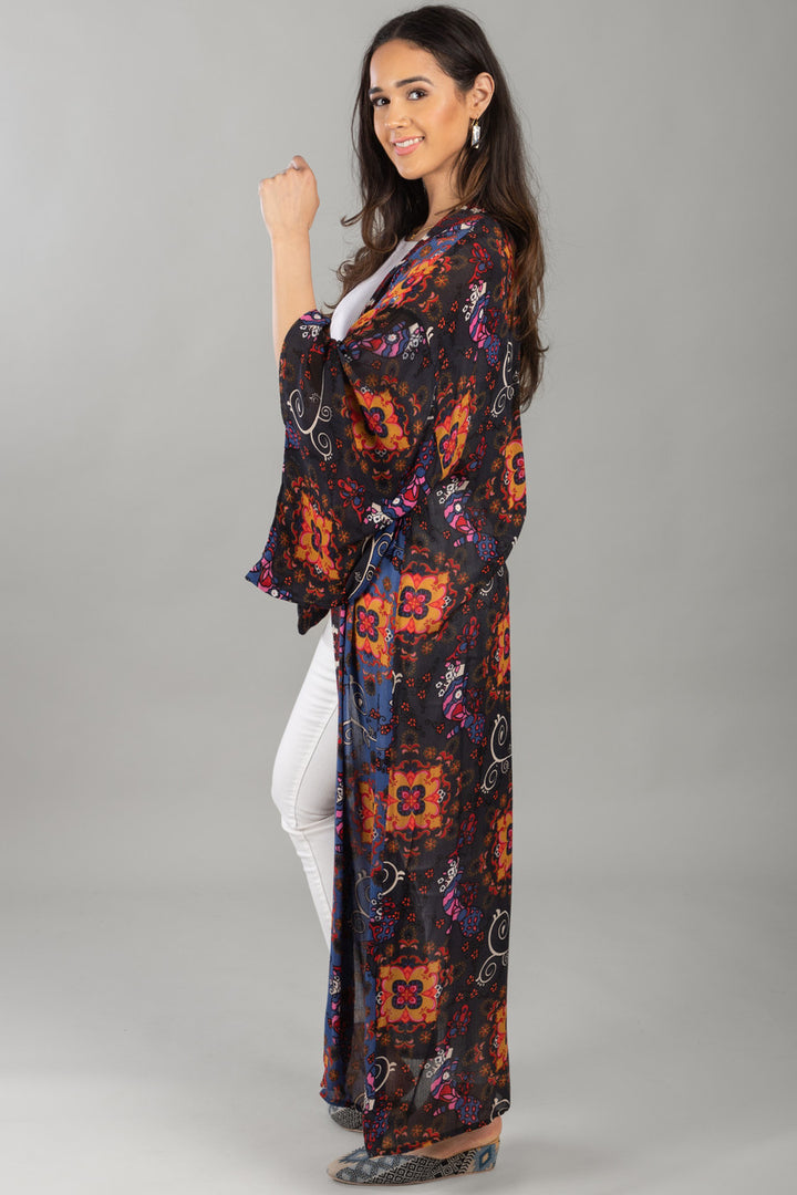 Silky Patterned Long Kimono