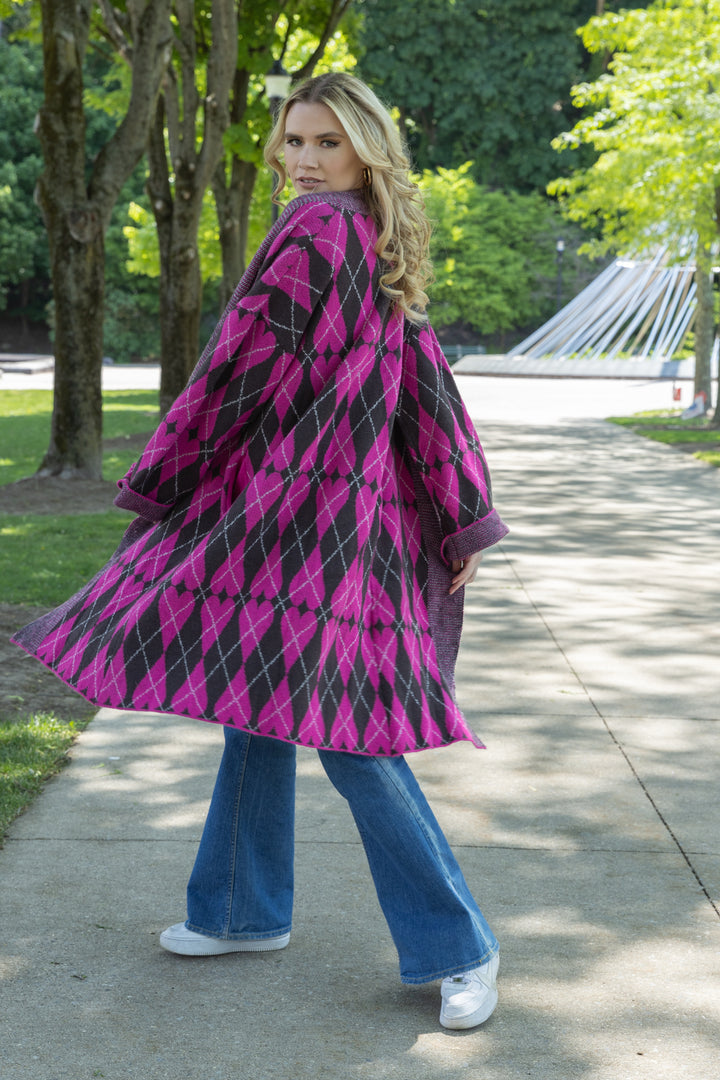 Heart Patterned Cardigan Argyle Knit