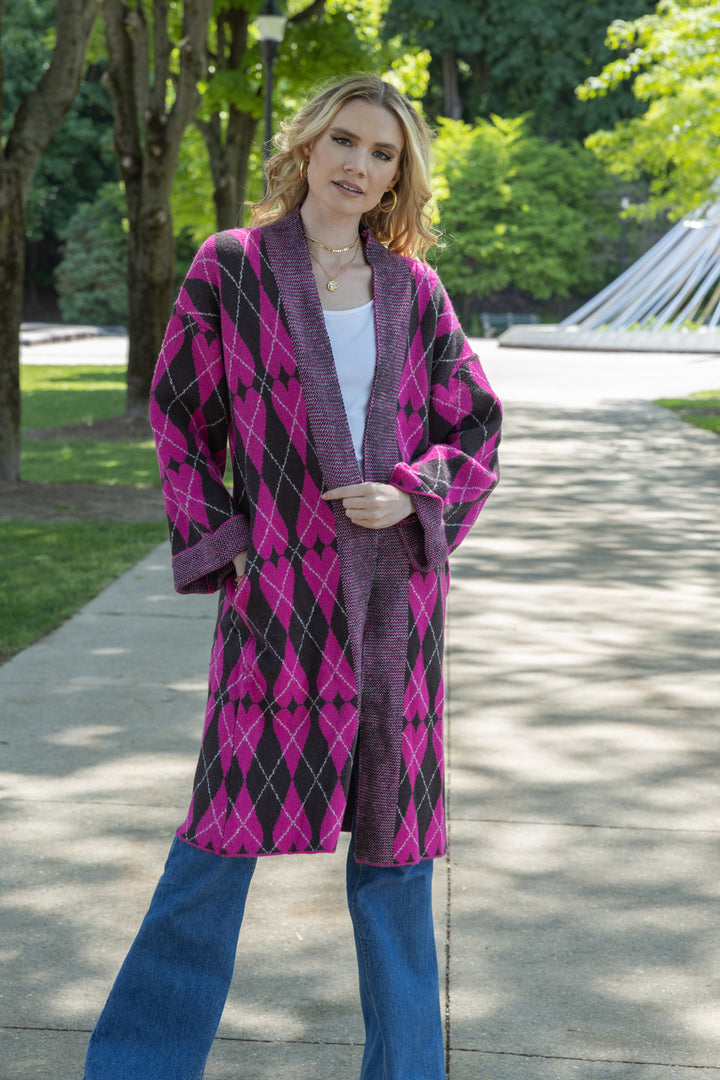 Heart Patterned Cardigan Argyle Knit