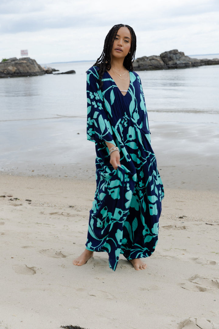 Bold Floral Kaftan Maxi Navy