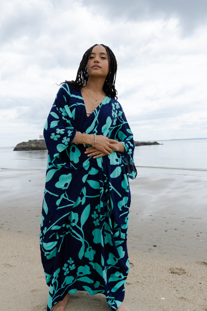 Bold Floral Kaftan Maxi Navy