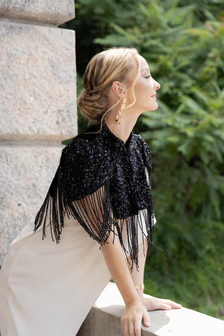 Velvet Floral Fringe Capelet