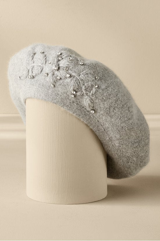 Crystal Embellished Floral Beret Dark Gray