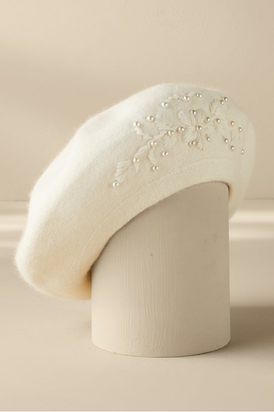 Pearl Embellished Floral Beret Ivory