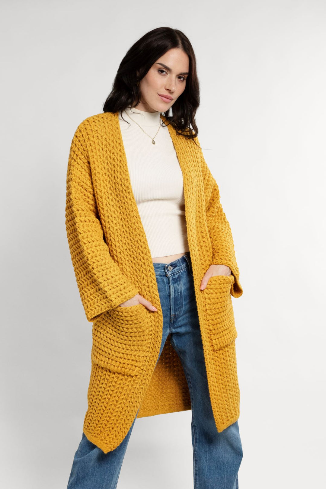 Long Sleeve Kimono Cable Knit Cardigan Yellow
