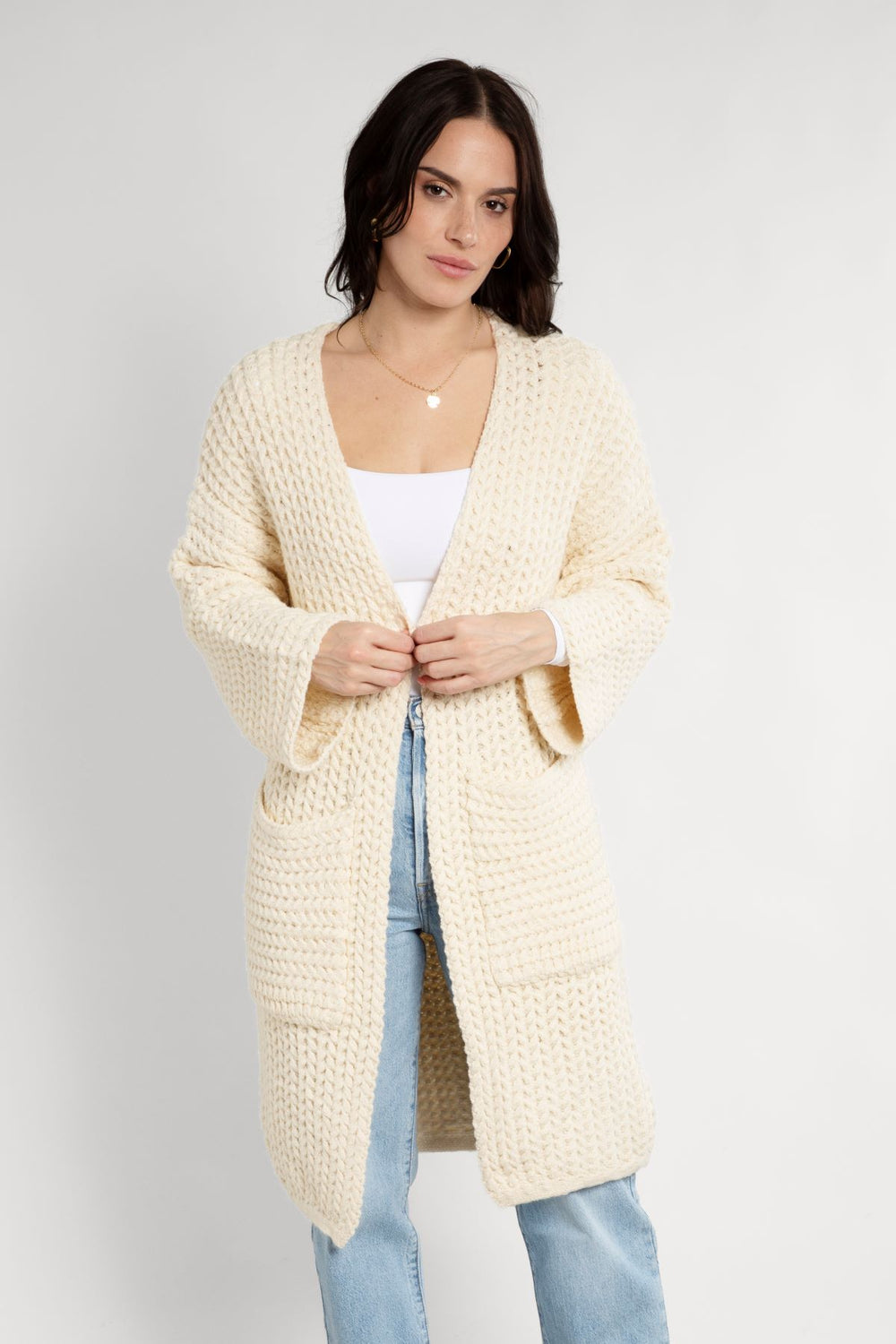 Long Sleeve Kimono Cable Knit Cardigan Ivory