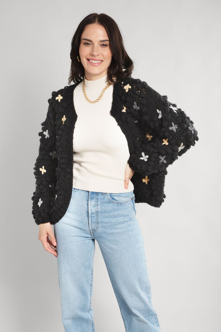 Pom Pom Knitted Cross Cardigan Black