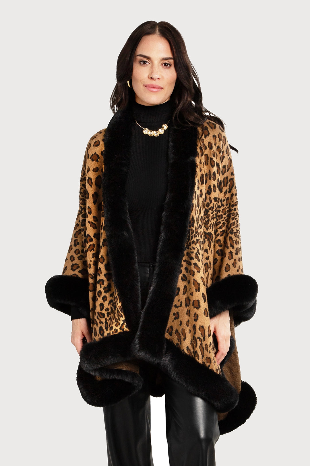 Faux Fur Cheetah Patterned Cape Kimono Burly Wood