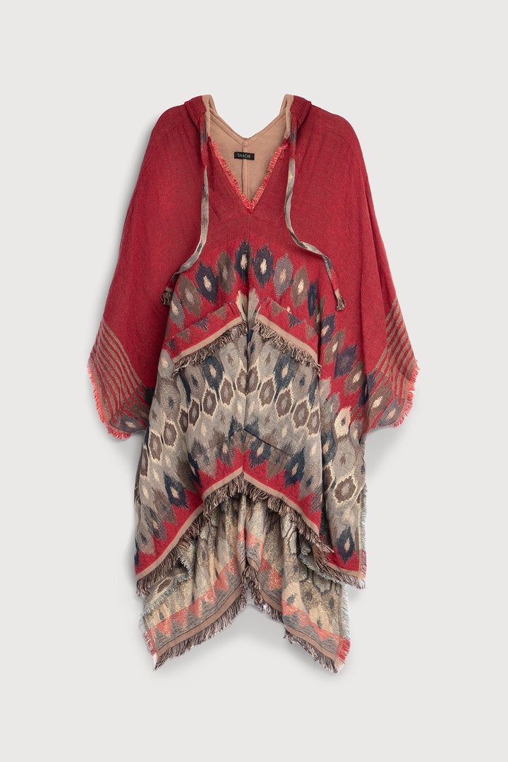 Aztec Frayed Hooded Poncho