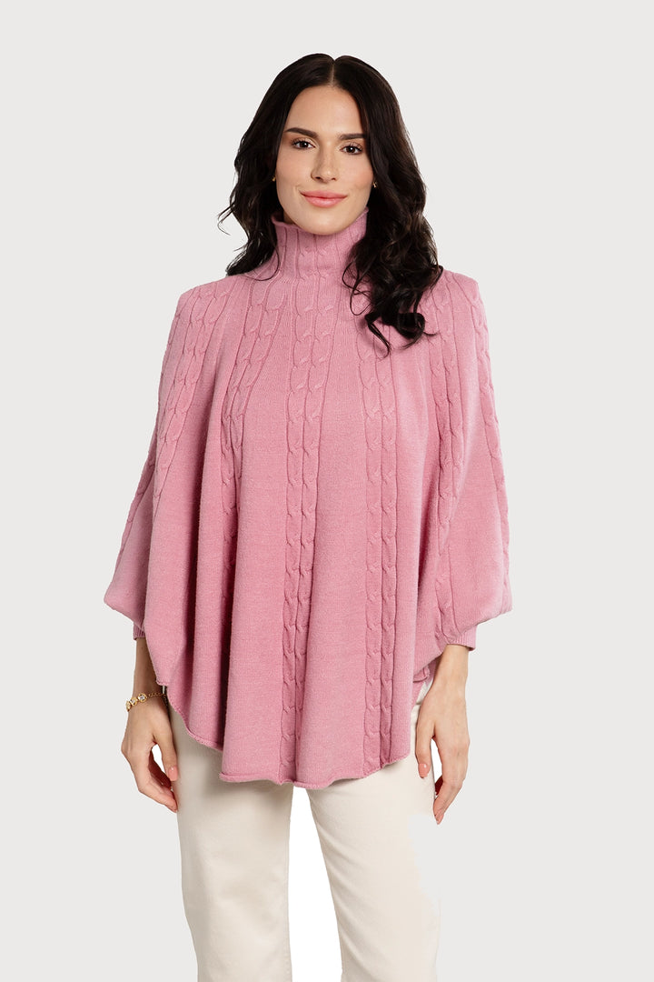 Cable Knit Turtleneck Poncho - SAACHI - Light Pink - Ponchos