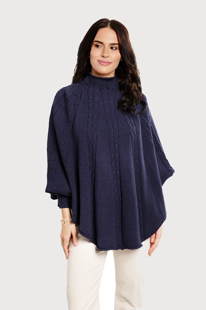 Cable Knit Turtleneck Poncho - SAACHI - Dark Slate Blue - Ponchos