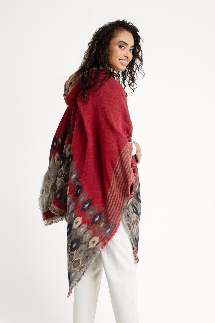 Aztec Frayed Hooded Poncho