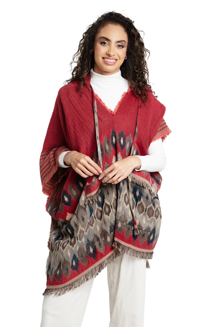 Aztec Frayed Hooded Poncho