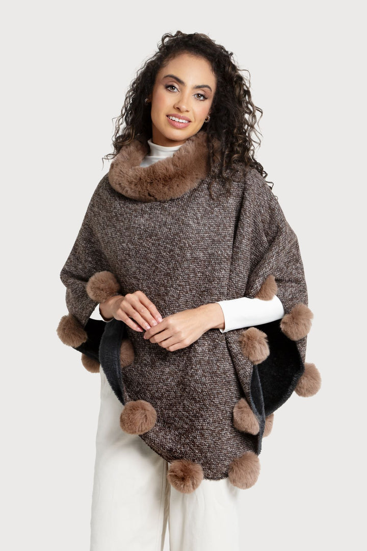 Faux Fur Poncho Pom Pom Burly Wood