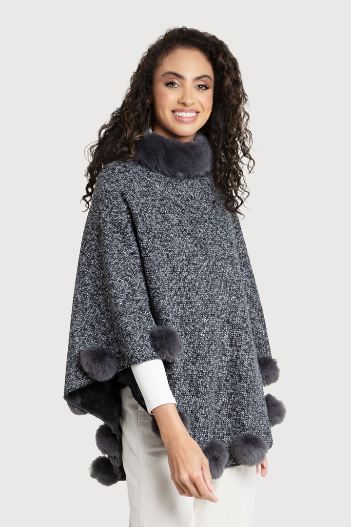 Faux Fur Poncho Pom Pom Slate Gray