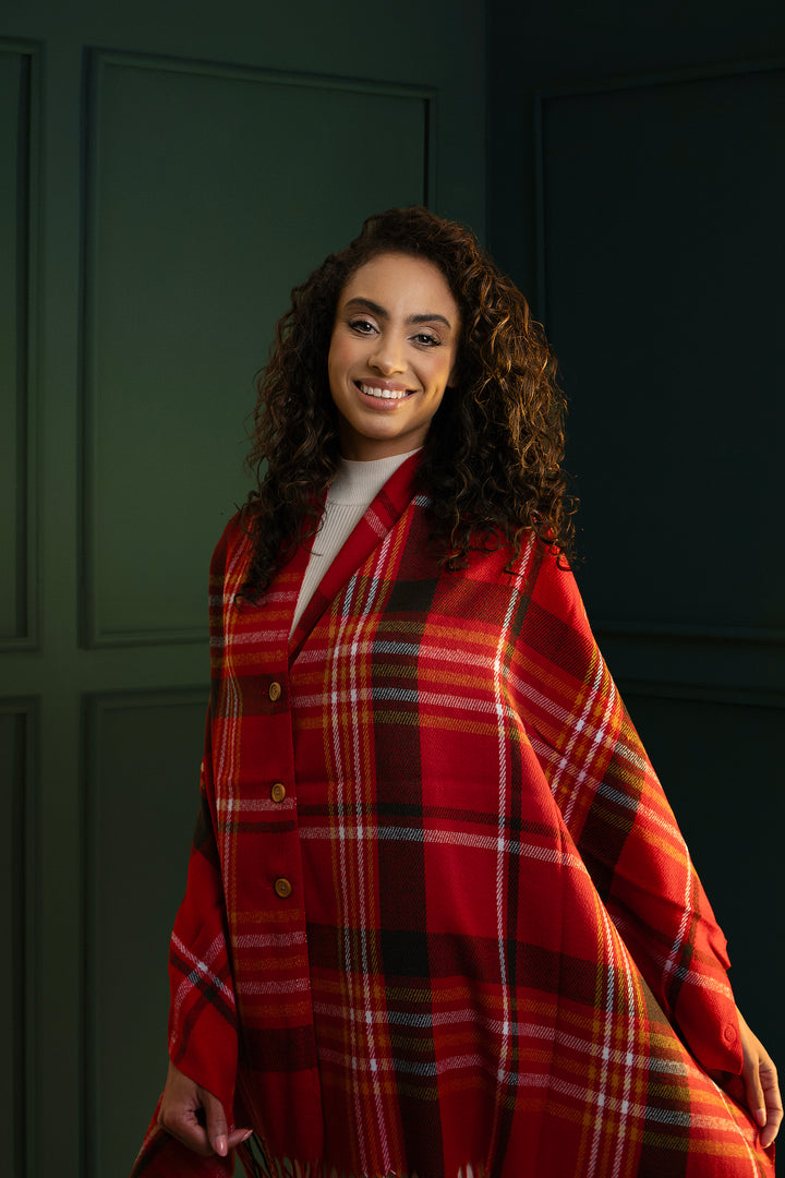 Plaid Tassel Buttoned Poncho